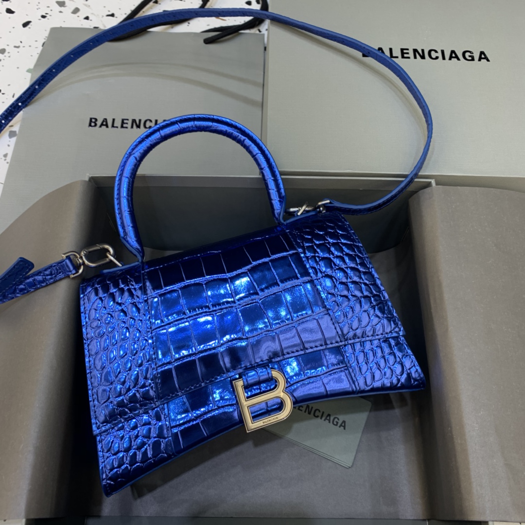 Balenciaga Hourglass Small Handbag Crocodile Embossed Shoulder Bag Blue